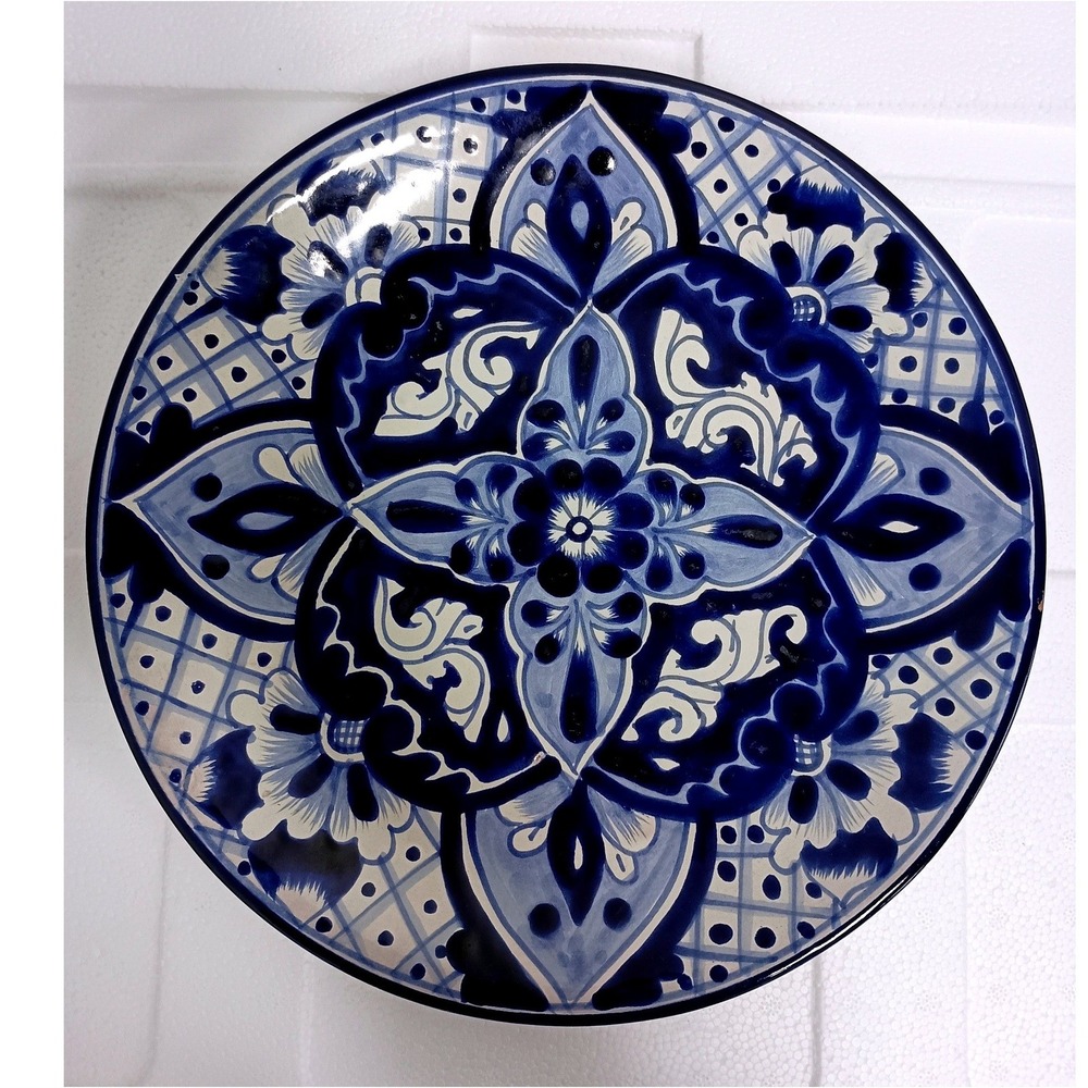 Talavera Decorative Plate Blue White Hand Painted Mexican Pottery Floral Art 10"